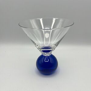 Vintage Hand Blown Martini Glass Blue Round Ball Controlled Bubble Ball Stem